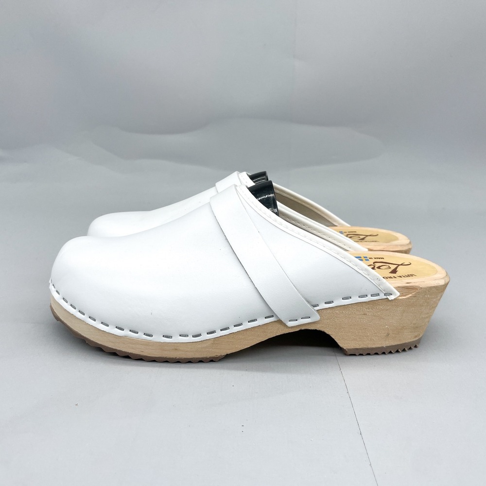 Lotta From Stockholm Womens 38 7.5 White Leather Classic Swedish Clogs Wood Heel - Picture 4 of 12